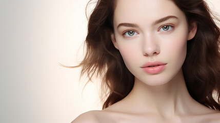 Beautiful young woman with clean skin on a white background. Skin care.