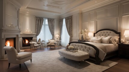 Opulent master bedroom suite with tufted headboard wall satin draperies and fireplace sitting area.