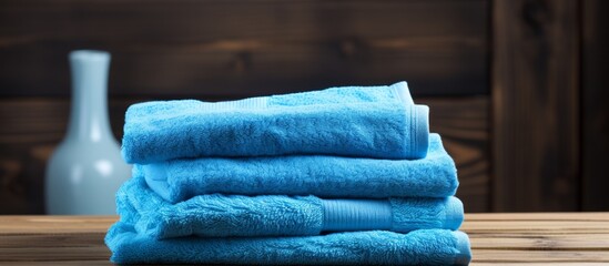 A stack of Aqua towels displayed on a stylish wooden table, perfect for a Sports event or Fashion...