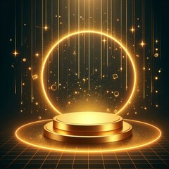 An illustration of a gold podium for product presentation, featuring an abstract empty platform with a neon glowing frame and glittering confetti, ideal for showcasing products with elegance.