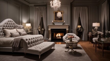 Opulent master bedroom suite with tufted headboard wall satin draperies and fireplace sitting area.