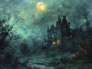 Fototapeta na wymiar Ghoulish delight, a haunted manor looms under a starless sky, Halloween whispers in the chill wind