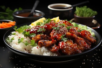minimalistic design Sweet and sour chili sauce chicken with rice in a plate,