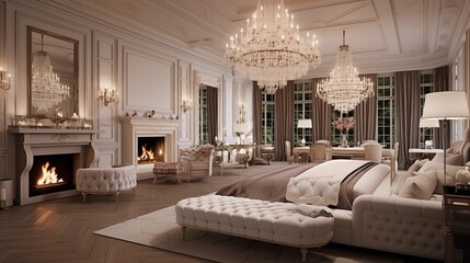 Opulent master bedroom suite with tufted headboard wall fireplace lounge and romantic crystal chandeliers.