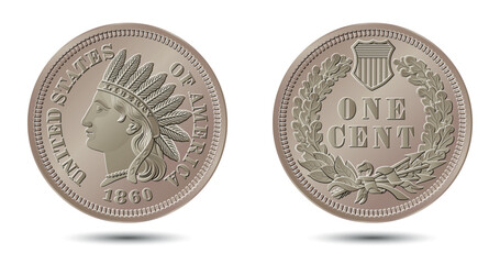 Vector American money, one cent coin, 1860.  Vector illustration.