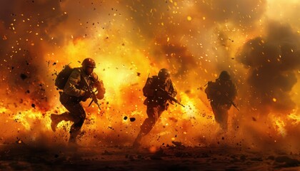 Fototapeta premium Soldiers running through explosive battlefield