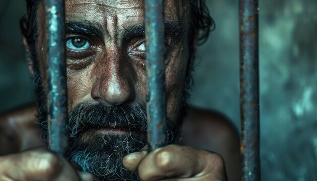 Despair behind bars: close-up of a prisoner's gaze