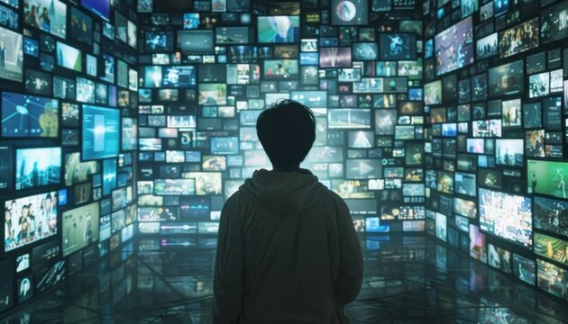 Rear view of a person facing a grand digital screen wall displaying diverse media