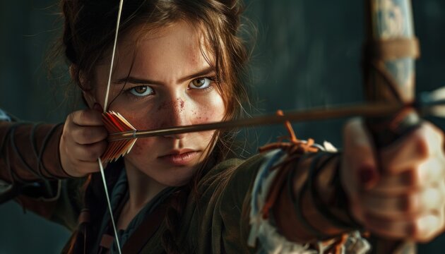 Intense archer aiming her bow
