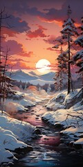 Winter landscape with a river and a forest at sunset