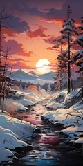 Papier Peint photo autocollant Violet Winter landscape with a river and a forest at sunset