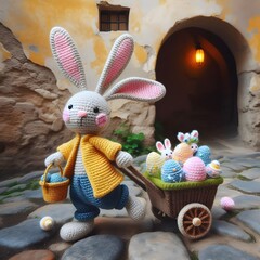 Happy Easter 3d realistic bunny doll Crochets figure walking and pushing a cart filled with baskets with lots of colorful Easter eggs signifies the Easter celebration with a rural old building