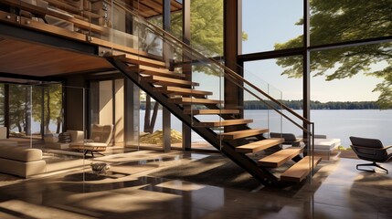 Organic modern lake house with floor-to-ceiling glass warm wood siding and floating staircase.
