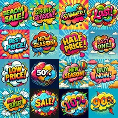 Fototapeta premium Sale stickers pop art style. AI generated illustration