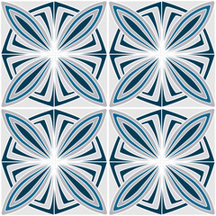 Square abstract geometric seamless pattern. Floral mosaic kaleidoscope tile. Flower with four petals. Blue gray shapes on gray background for decor clothes, home, etc.