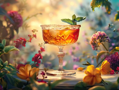 Fancy cocktail with mint on a floral background. Refreshing beverage concept for summer menu and garden parties