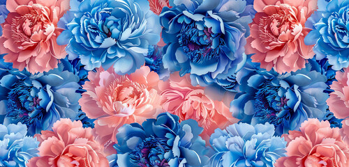 A seamless pattern of blue and pink peonies intricately arranged, presenting an ideal space for text incorporation on a label.