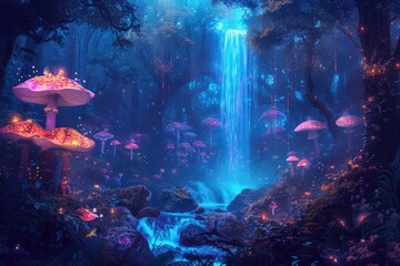 Fototapeta na wymiar A breathtaking digital painting of a fantasy forest with towering mushrooms aglow with internal light, amidst an ethereal misty landscape. Resplendent.