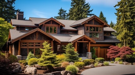 Pacific Northwest craftsman with natural woods river rock accents and earthy color palette.