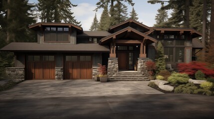 Pacific Northwest craftsman with natural woods river rock accents and earthy color palette.