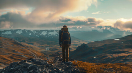 Fototapeta premium Hiker Standing at Mountain Overlook
