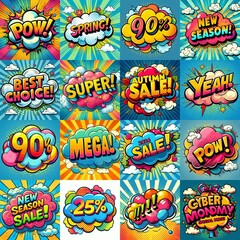 Sale stickers pop art style. AI generated illustration