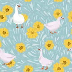 Cute seamless pattern with goose and doodle flowers. Geese in the spring garden.  Happy Easter.