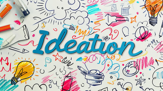 The image shows a word "Ideation" on a single colored background. The word stands out in a bold and creative font.