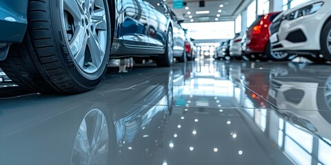 Shiny epoxy floor showcases new cars lined up in a dealership parking lot. Concept Car Dealership, Epoxy Flooring, Showroom, New Cars, Parking Lot