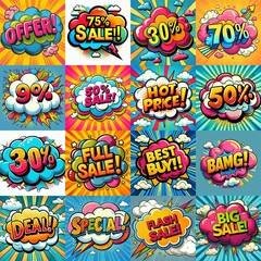 Fototapeta premium Sale stickers pop art style. AI generated illustration