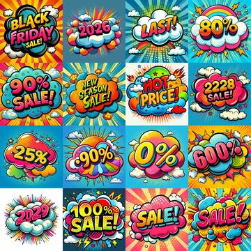 Sale stickers pop art style. AI generated illustration