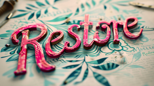 The image features a single color background with the word "Restore" prominently displayed, along with a repeating pattern.
