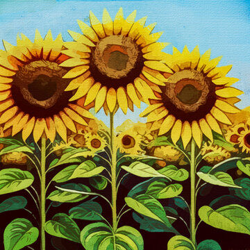  Sunflowers .Watercolor painting on canvas. Artistic brush stroeks . Pattern for printing on wall decorations, covers. Generated by Ai
