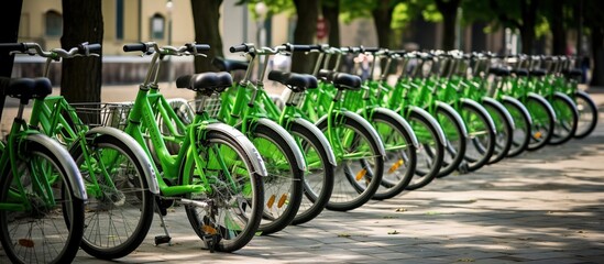 Bicycle sharing systems. Bicycle for rent business. Bicycle for city tour at bike parking station - obrazy, fototapety, plakaty