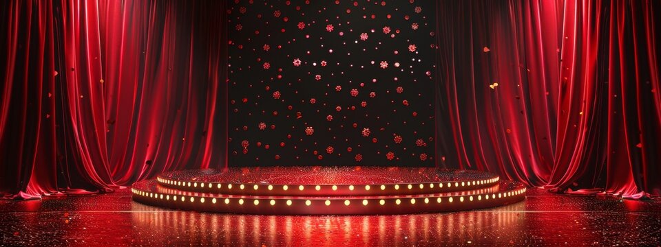 Circus stage podium background 3D carnival light red show curtain. Circus platform stage podium tent theater arena sign vintage spotlight circle stand bulb ringmaster ring cirque cartoon party cinema.
