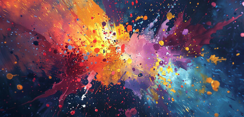 Abstract shapes emerge as paint splatters collide and disperse across the canvas.