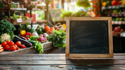 Wooden Table With Blackboard and Vegetables. Generative AI