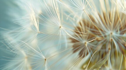 macro shot of a dreamy dandelion highlighting the fluffy white seeds and intricate texture of the flower in an elegant and abstract nature background