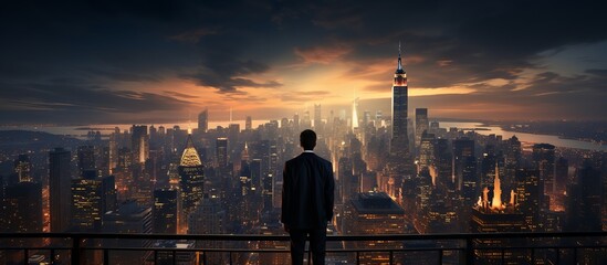 Businessman standing on the bridge and looking at the city at sunset