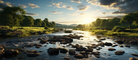 the view of the beautiful river illuminated by the rising sun in summer - obrazy, fototapety, plakaty
