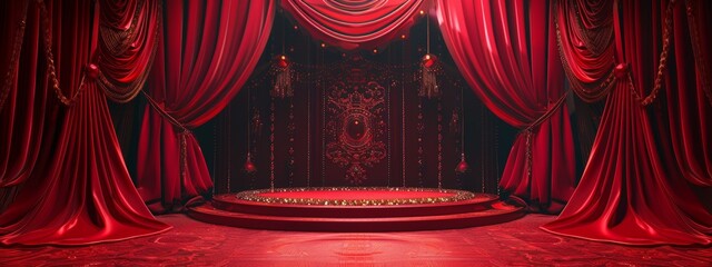 Circus stage podium background 3D carnival light red show curtain. Circus platform stage podium tent theater arena sign vintage spotlight circle stand bulb ringmaster ring cirque cartoon party cinema. - obrazy, fototapety, plakaty