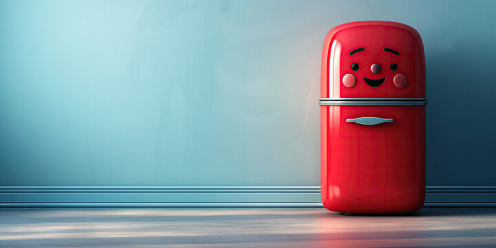 cartoon character red refrigerator on an isolated blue background