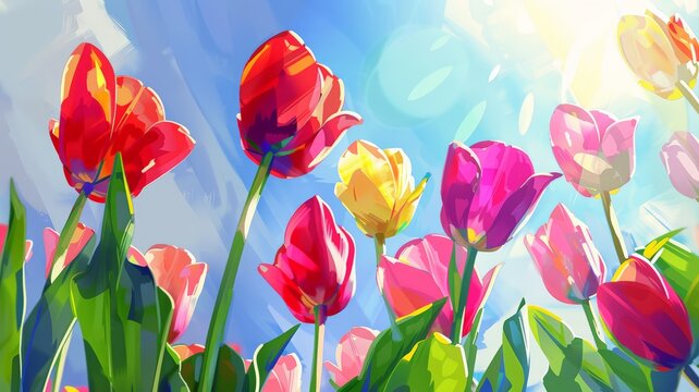A vibrant painting capturing colorful tulips on a sunny day, showcasing the beauty of nature in full bloom