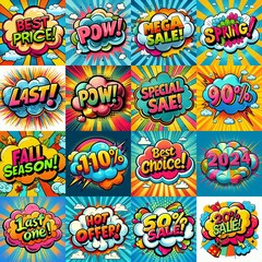 Fototapeta premium Sale stickers pop art style. AI generated illustration