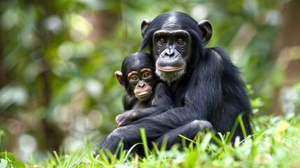 female bonobo sitting on the grass with her baby in a natural environment highlighting the wildlife bond between a mother and infant in the jungle
