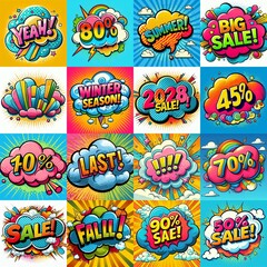 Fototapeta premium Sale stickers pop art style. AI generated illustration