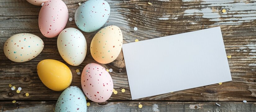 Easter eggs displayed on a wooden surface next to an empty card.