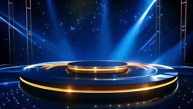 Grand stage bathed in shining golden blue lights and surrounded by the soft glowing sparkling star bokeh specks. Evening performance concept