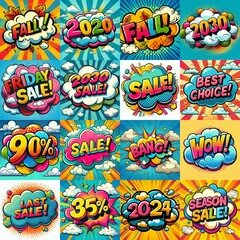 Fototapeta premium Sale stickers pop art style. AI generated illustration