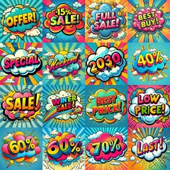 Fototapeta premium Sale stickers pop art style. AI generated illustration
